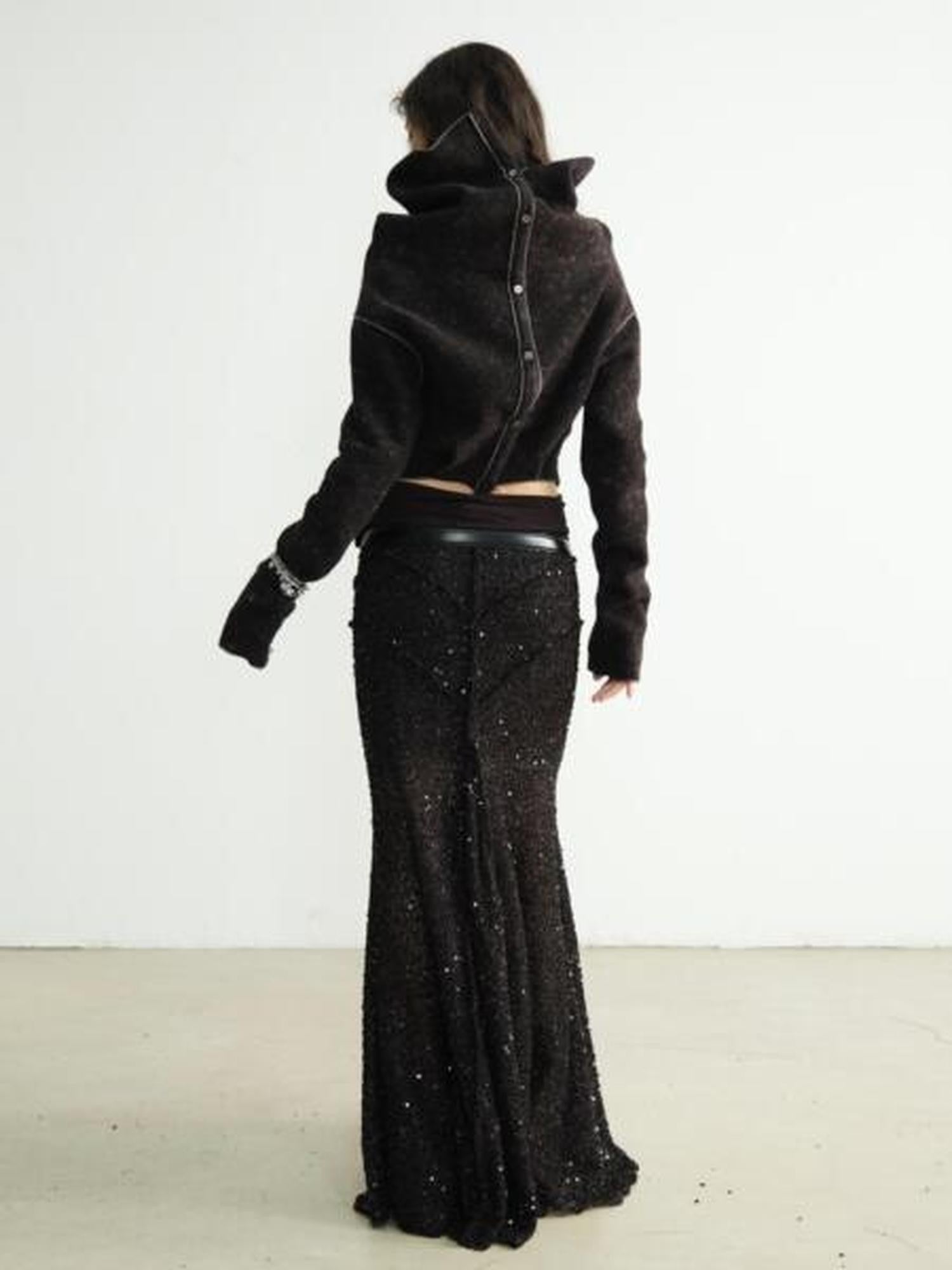 Jnylon studios Mottled Black Versatile Pile Collar Women's Stretch Tweed Cropped Jackets
