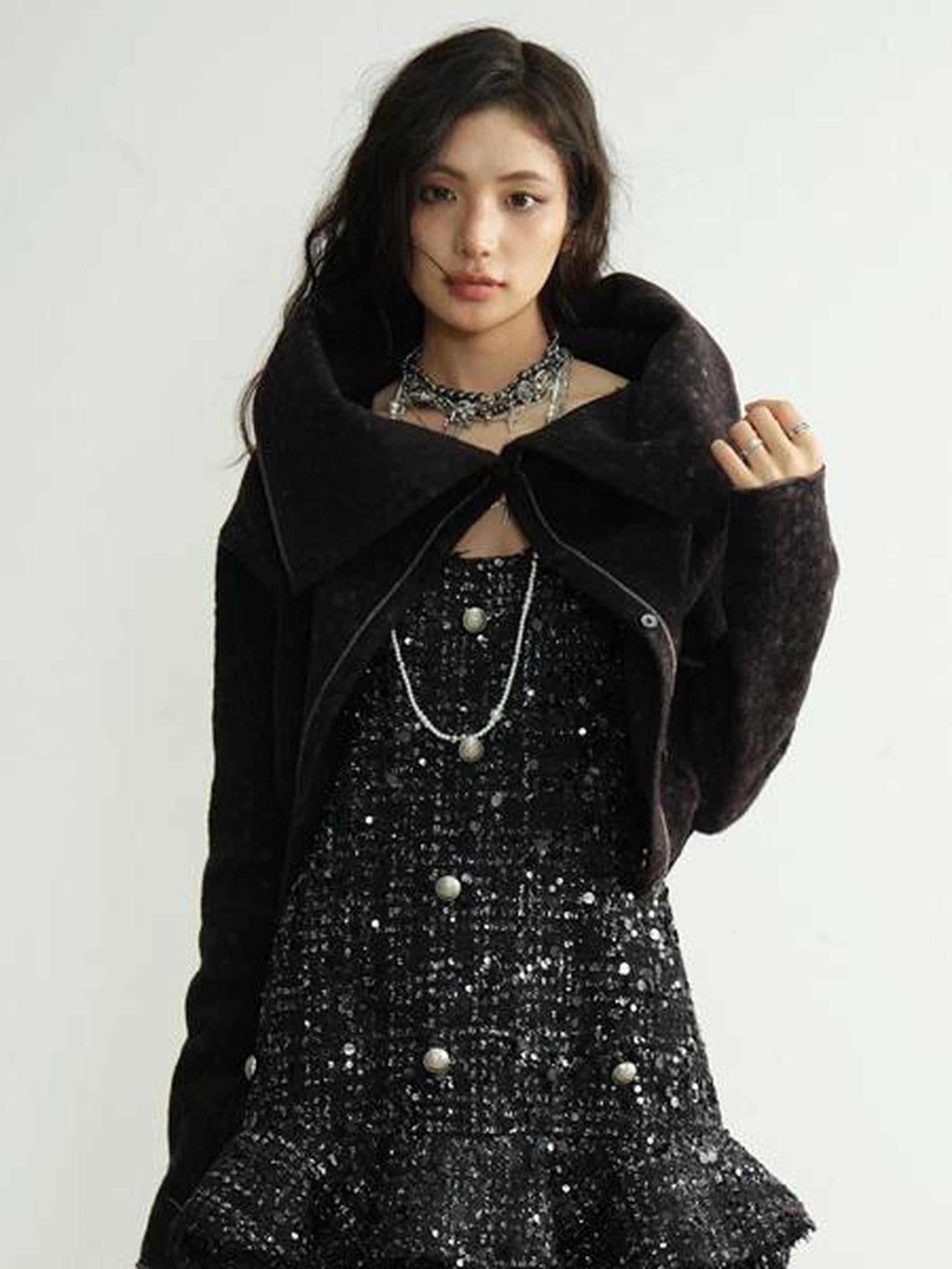 Jnylon studios Mottled Black Versatile Pile Collar Women's Stretch Tweed Cropped Jackets