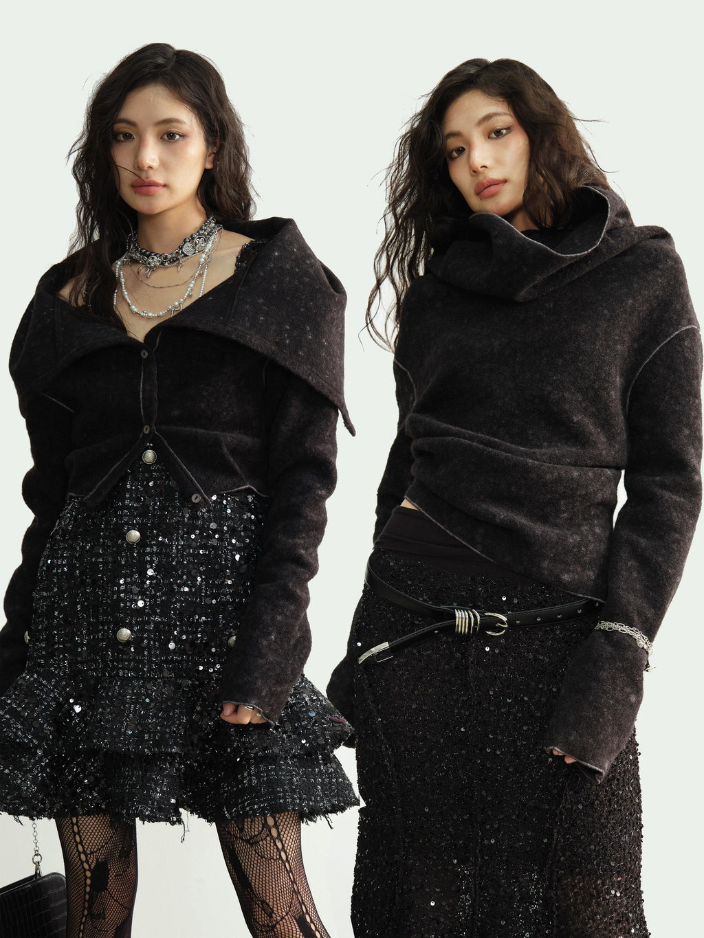 Jnylon studios Mottled Black Versatile Pile Collar Women's Stretch Tweed Cropped Jackets