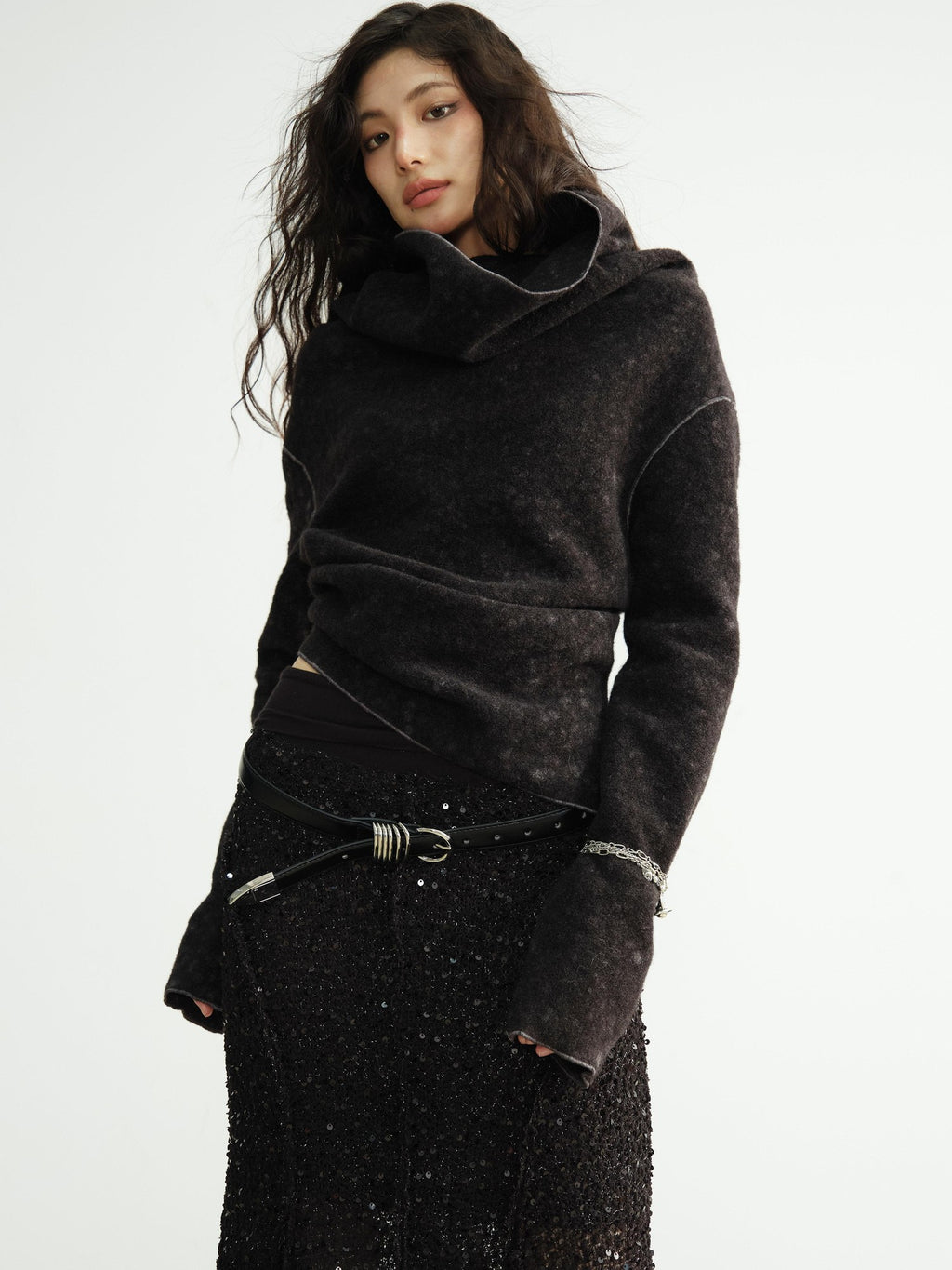 Jnylon studios Mottled Black Versatile Pile Collar Women's Stretch Tweed Cropped Jackets