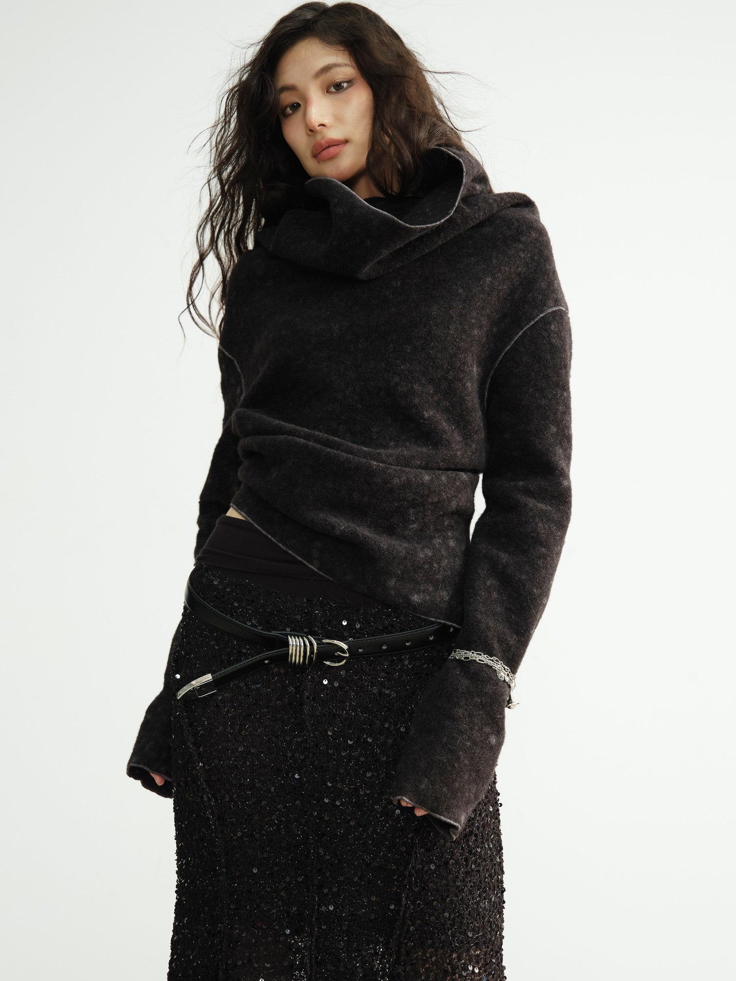 Jnylon studios Mottled Black Versatile Pile Collar Women's Stretch Tweed Cropped Jackets