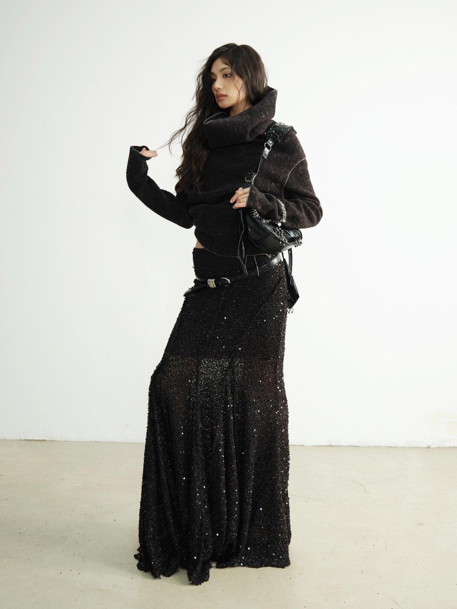 Jnylon studios Mottled Black Versatile Pile Collar Women's Stretch Tweed Cropped Jackets