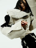 Jnylon studios Off White Colorblock Frayed Edge Patchwork Large Lapel Women's Cropped Jackets