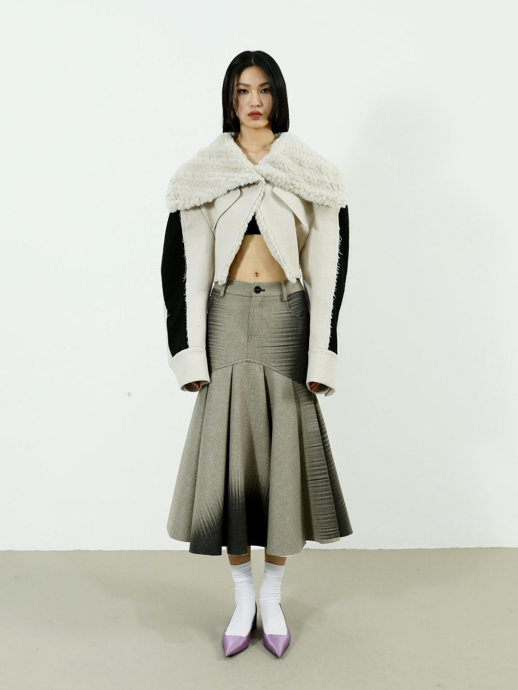 Jnylon studios Off White Colorblock Frayed Edge Patchwork Large Lapel Women's Cropped Jackets