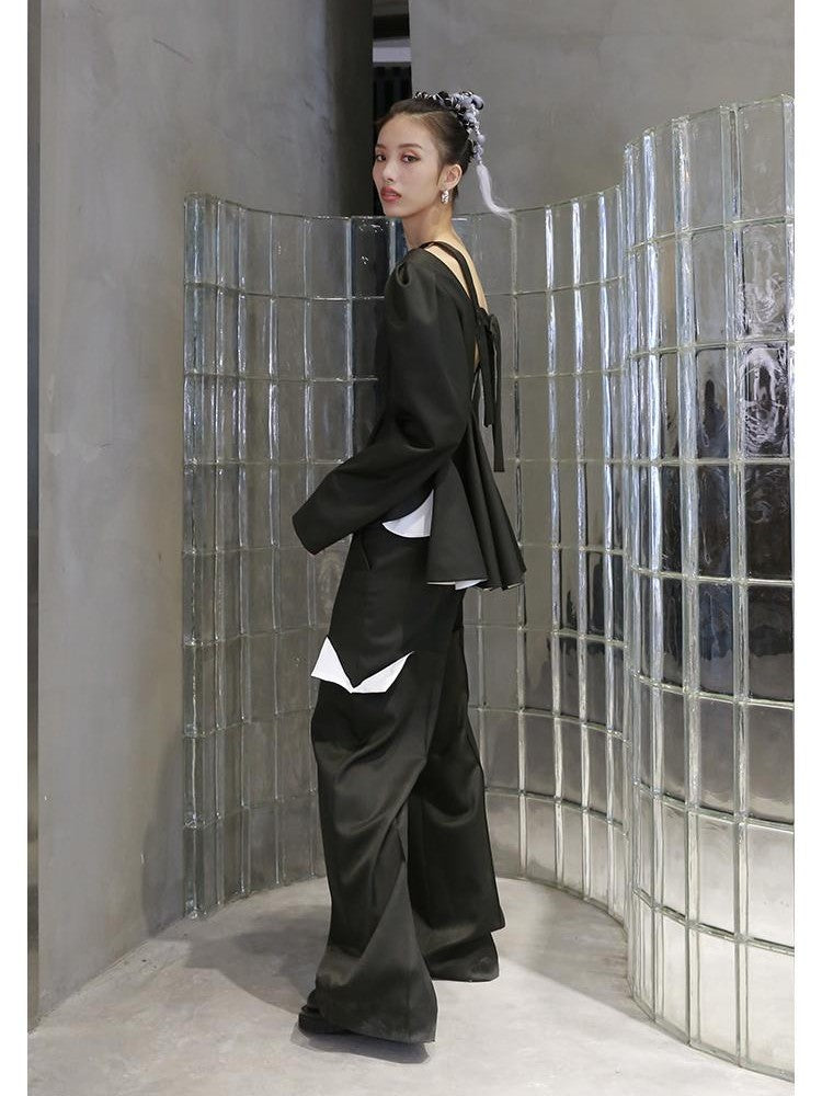 Jnylon studios Open Back Lace Up Ruffle Hem Bubble Sleeve Women's Casual Jackets