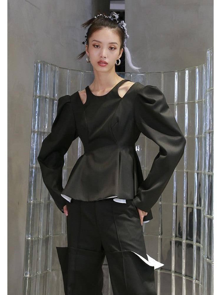 Jnylon studios Open Back Lace Up Ruffle Hem Bubble Sleeve Women's Casual Jackets