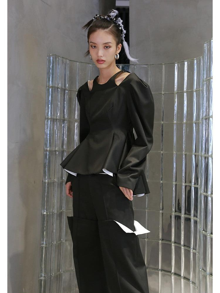 Jnylon studios Open Back Lace Up Ruffle Hem Bubble Sleeve Women's Casual Jackets