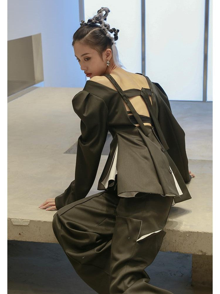 Jnylon studios Open Back Lace Up Ruffle Hem Bubble Sleeve Women's Casual Jackets