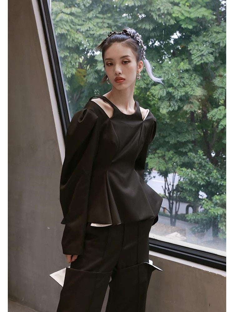 Jnylon studios Open Back Lace Up Ruffle Hem Bubble Sleeve Women's Casual Jackets