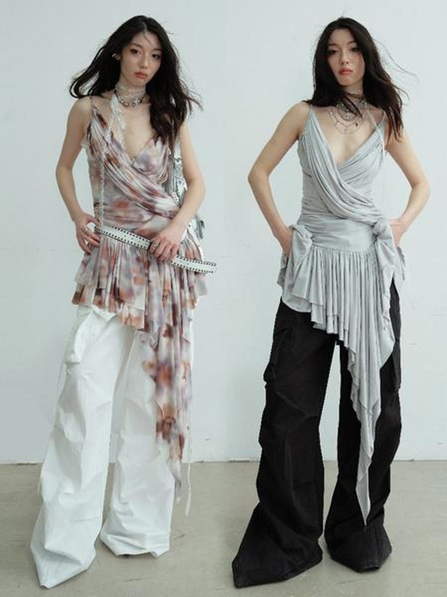 Jnylon studios Pleated Draped Sculptural Deep V Women's Recycled Fiber Slip Mini Dresses