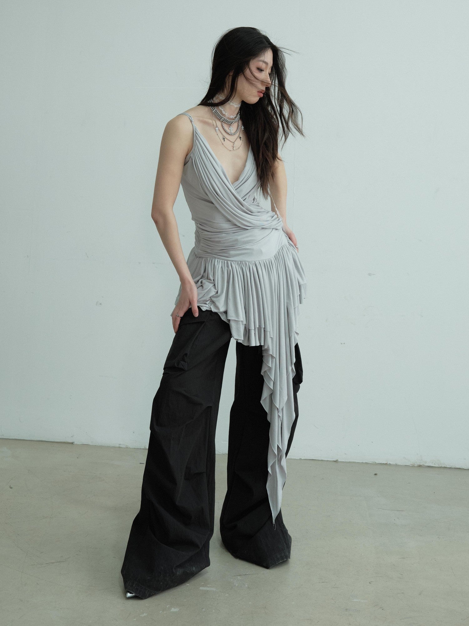 Jnylon studios Pleated Draped Sculptural Deep V Women's Recycled Fiber Slip Mini Dresses