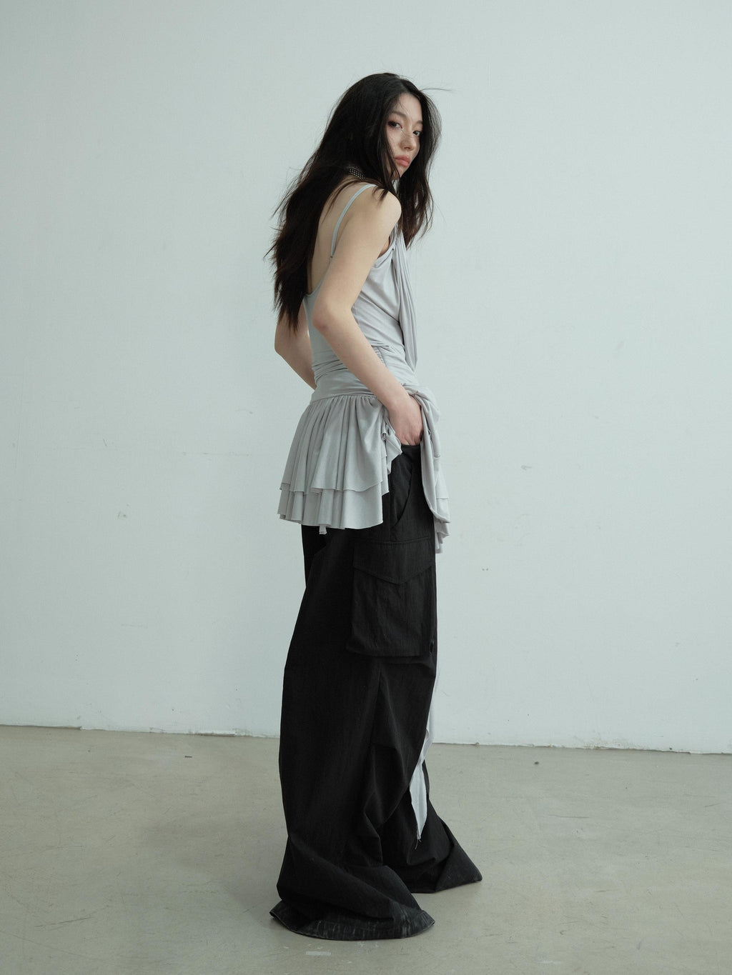 Jnylon studios Pleated Draped Sculptural Deep V Women's Recycled Fiber Slip Mini Dresses