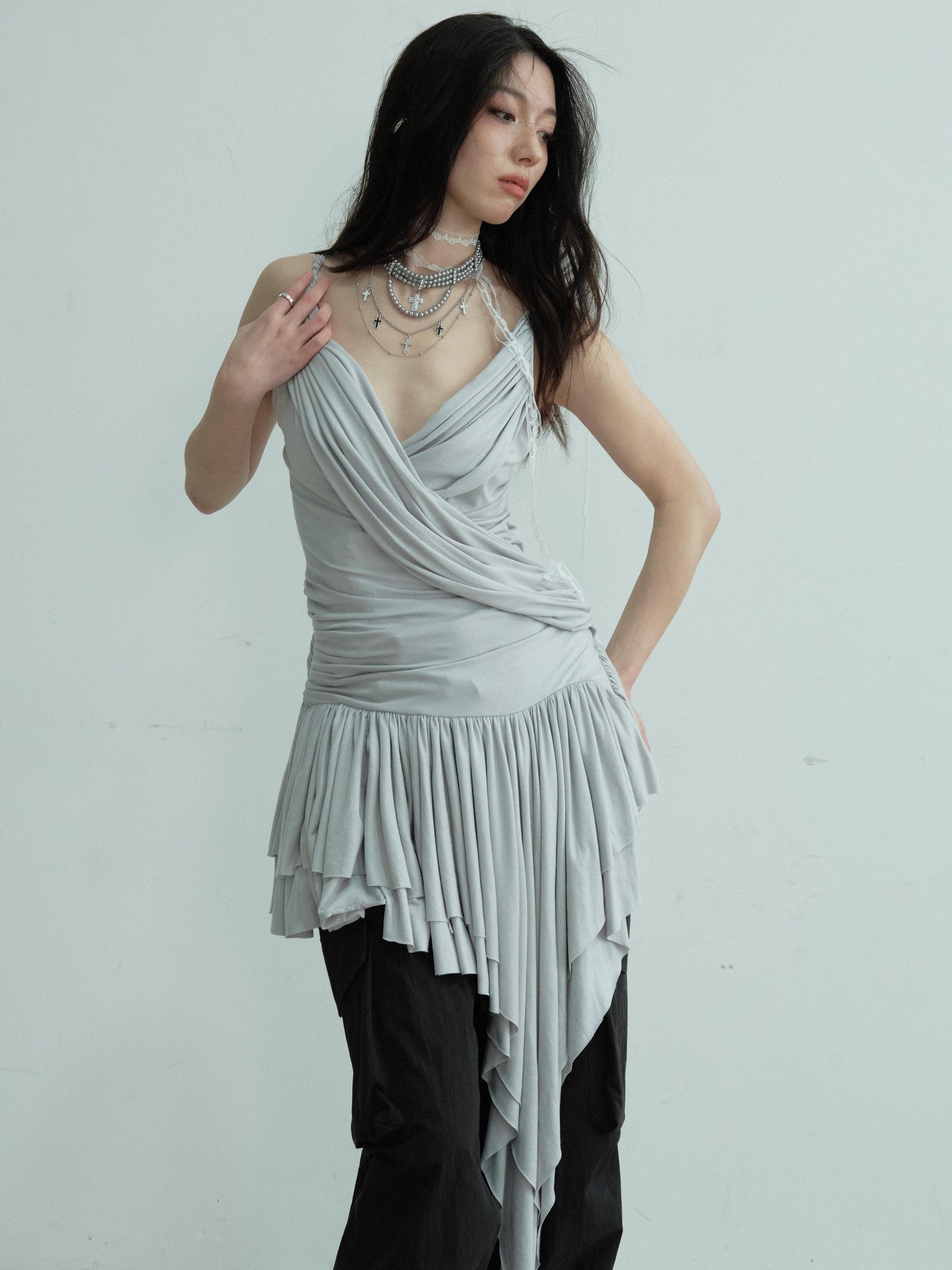 Jnylon studios Pleated Draped Sculptural Deep V Women's Recycled Fiber Slip Mini Dresses
