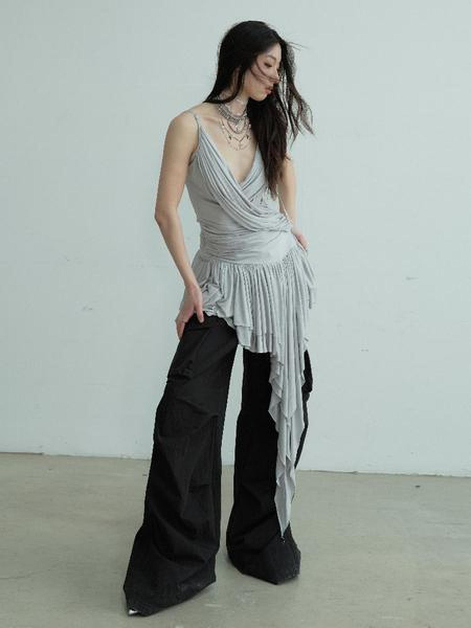 Jnylon studios Pleated Draped Sculptural Deep V Women's Recycled Fiber Slip Mini Dresses