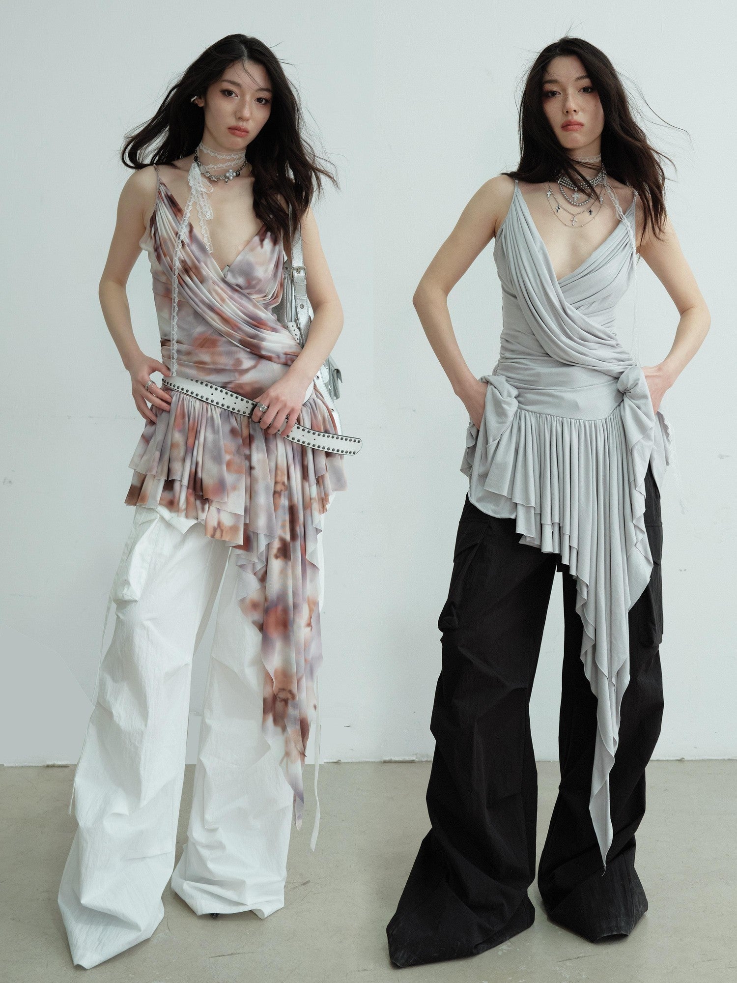Jnylon studios Pleated Draped Sculptural Deep V Women's Recycled Fiber Slip Mini Dresses