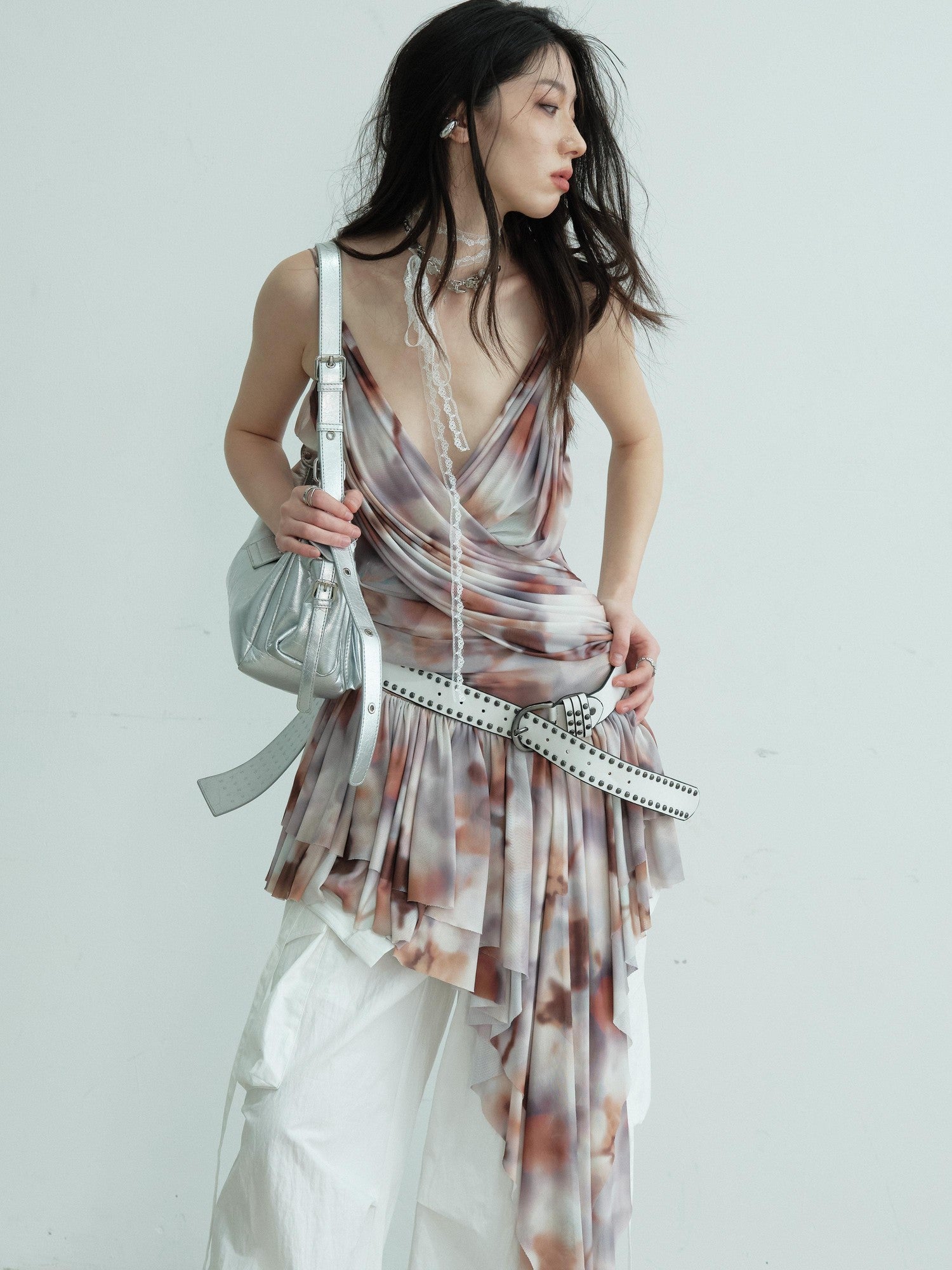 Jnylon studios Pleated Draped Sculptural Deep V Women's Recycled Fiber Slip Mini Dresses