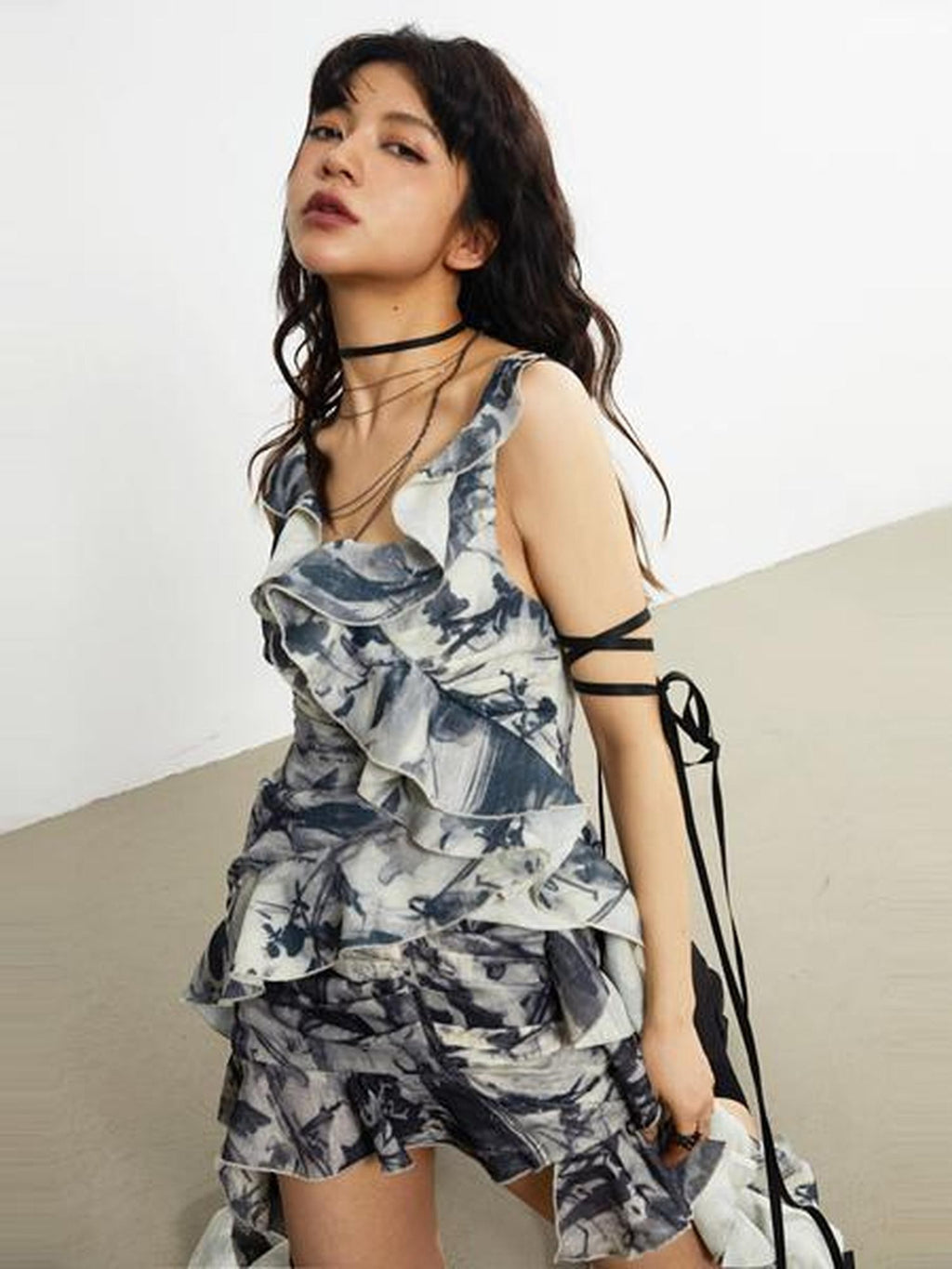 Jnylon studios Punk Gothic Dark Romantic Print Ruffle Square Neck Women's Polyester Camisoles