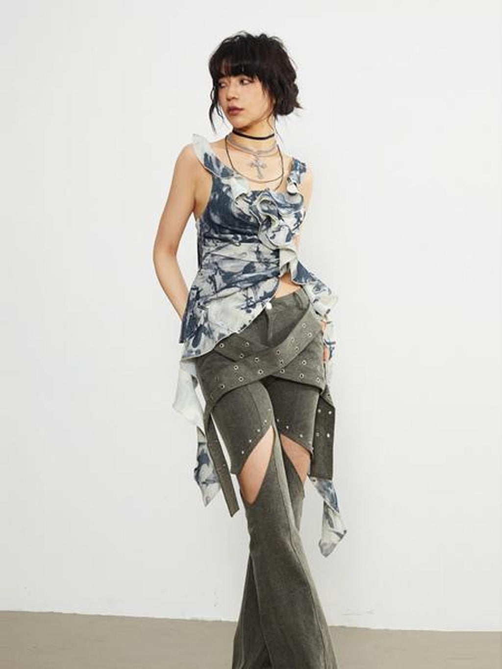 Jnylon studios Punk Gothic Dark Romantic Print Ruffle Square Neck Women's Polyester Camisoles