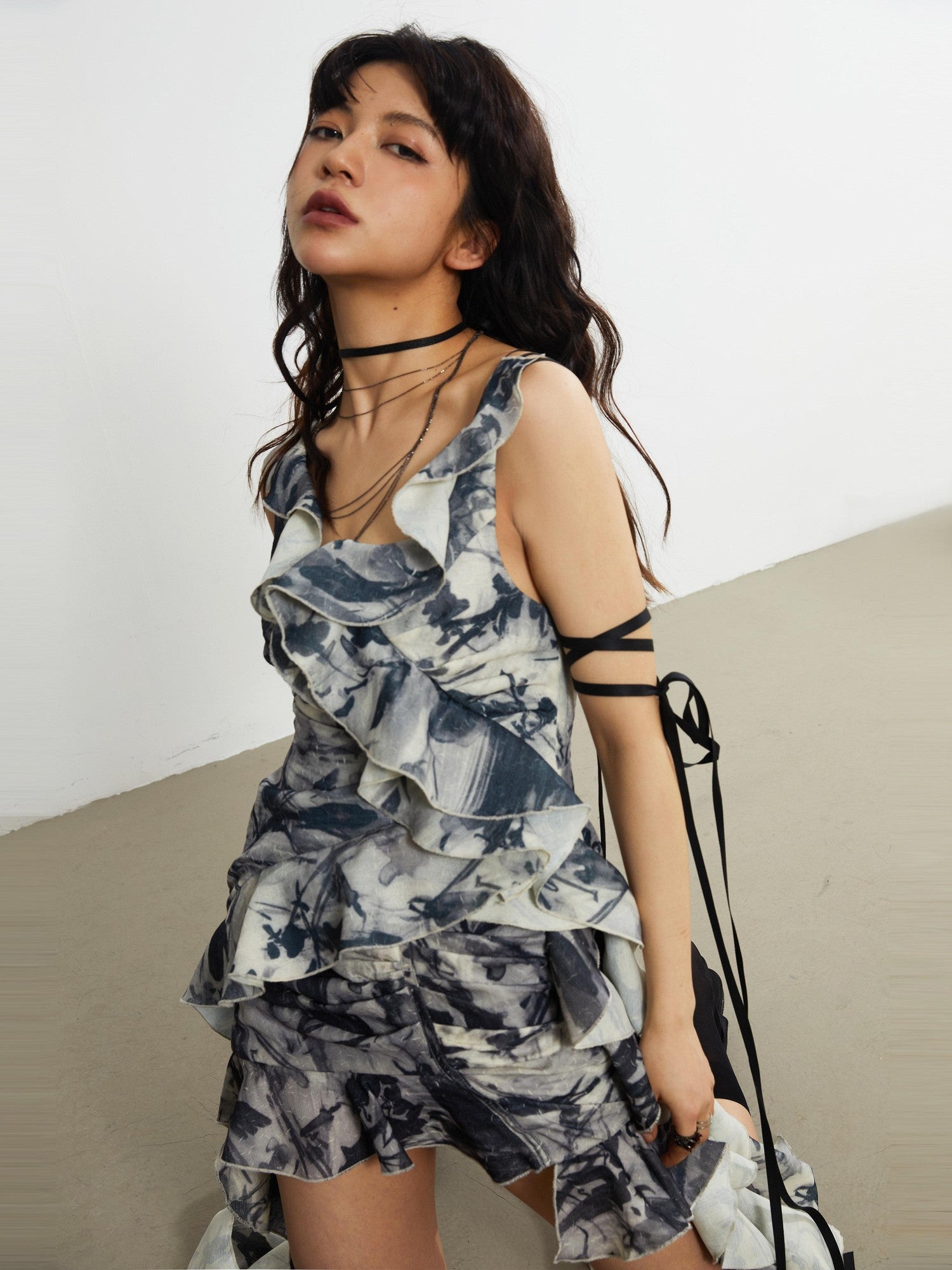 Jnylon studios Punk Gothic Dark Romantic Print Ruffle Square Neck Women's Polyester Camisoles