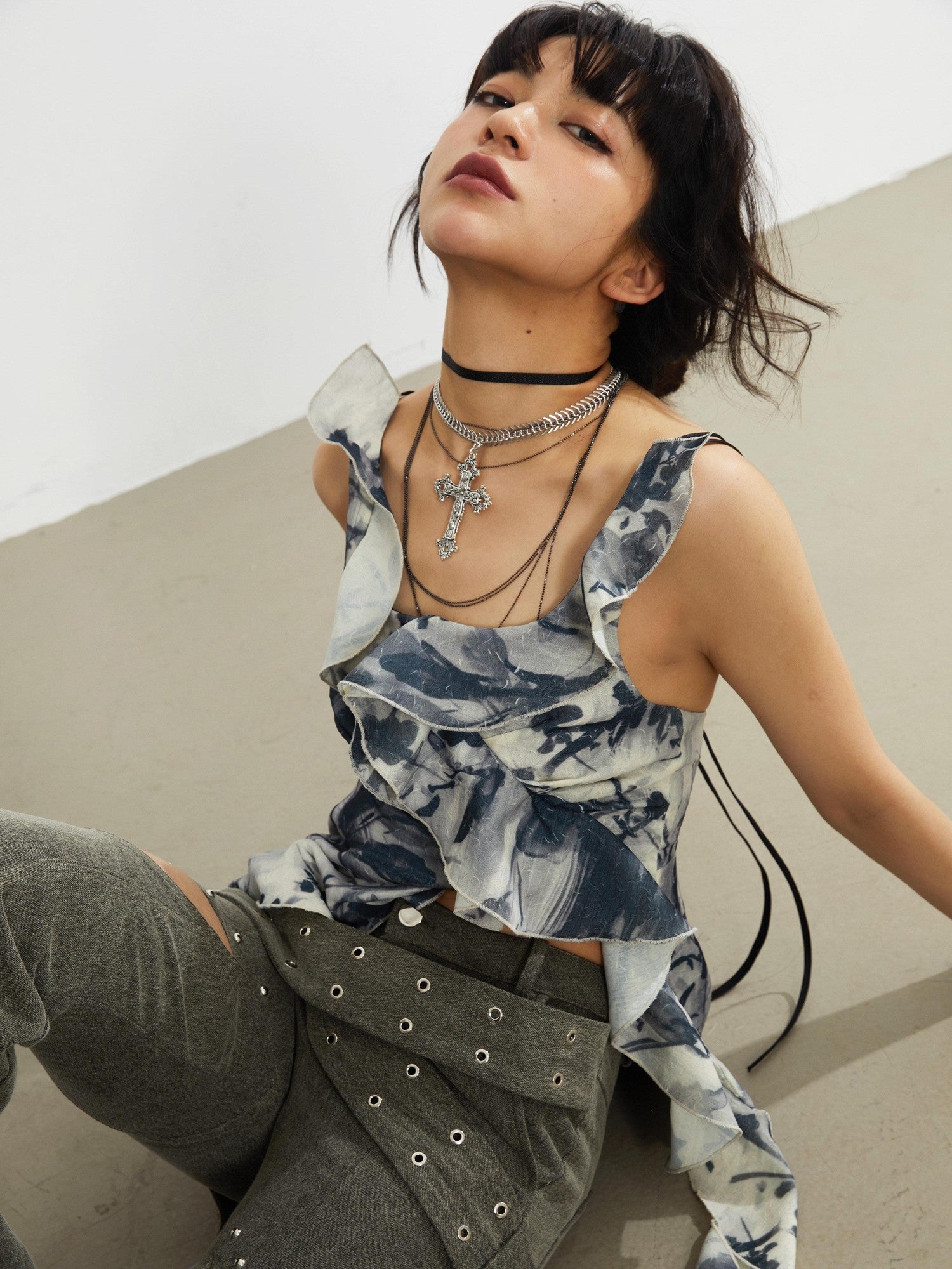 Jnylon studios Punk Gothic Dark Romantic Print Ruffle Square Neck Women's Polyester Camisoles