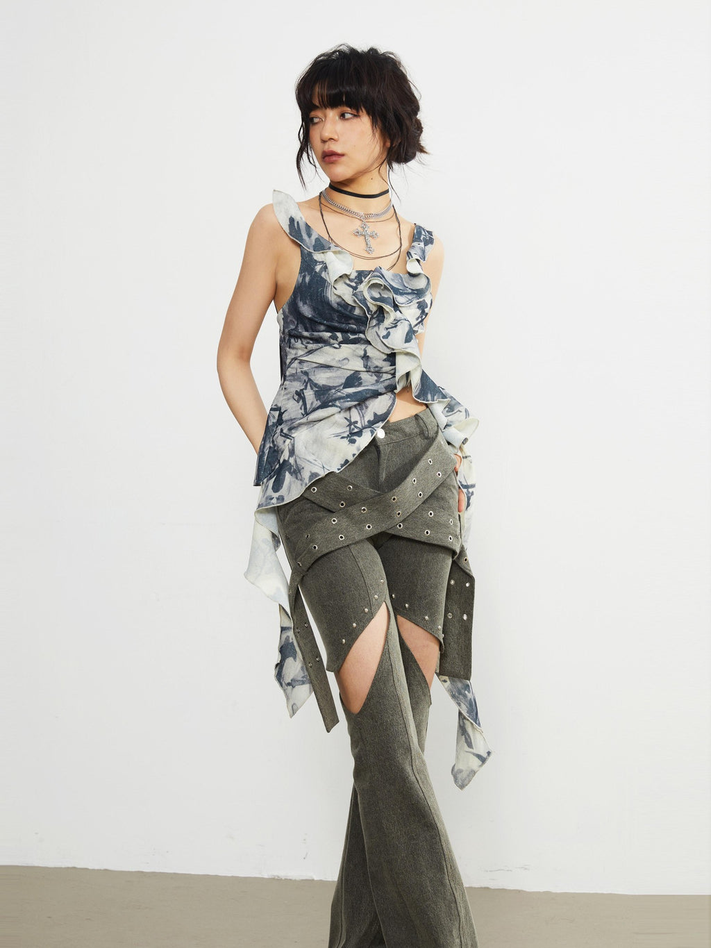 Jnylon studios Punk Gothic Dark Romantic Print Ruffle Square Neck Women's Polyester Camisoles