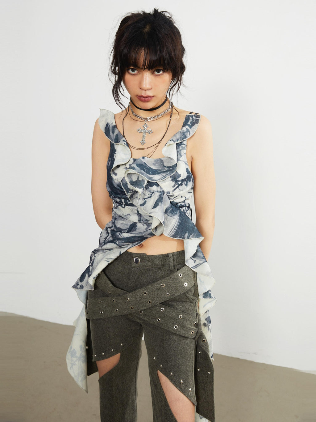 Jnylon studios Punk Gothic Dark Romantic Print Ruffle Square Neck Women's Polyester Camisoles