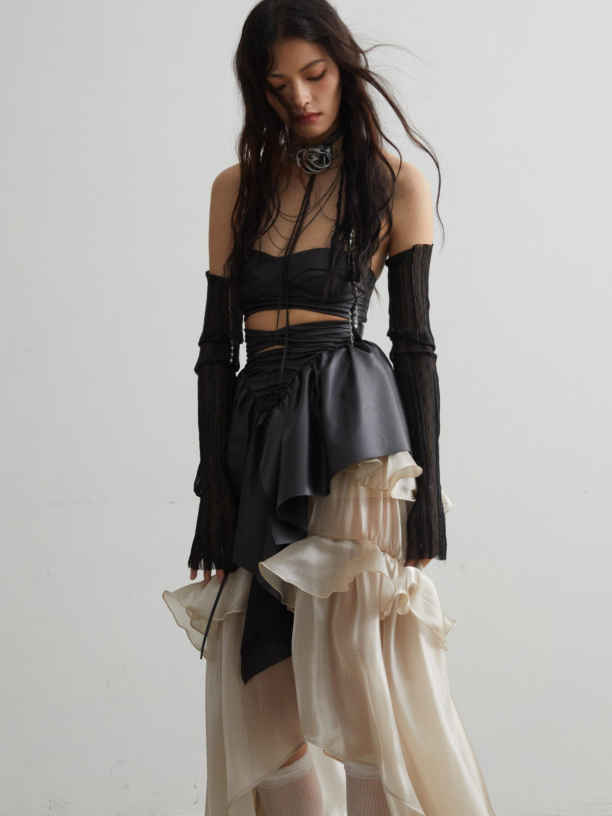 Jnylon studios Punk Ruffle Cutout Matte Pu Faux Leather Women's Tube Tops