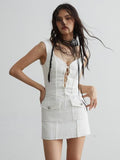 Jnylon studios Pure White Vintage Elegant Tie Detail Sleeveless Women's Slip Mini Dresses