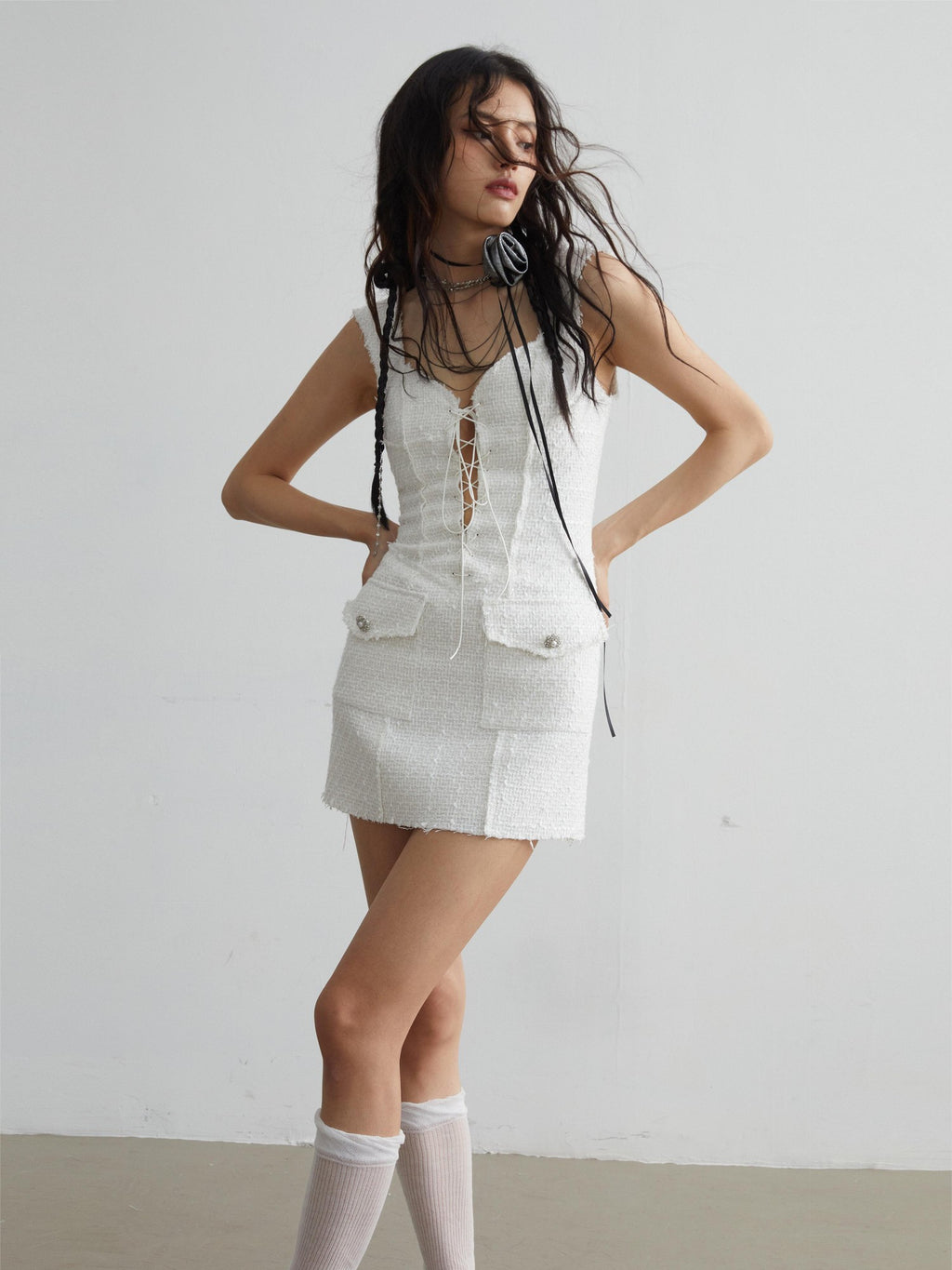 Jnylon studios Pure White Vintage Elegant Tie Detail Sleeveless Women's Slip Mini Dresses