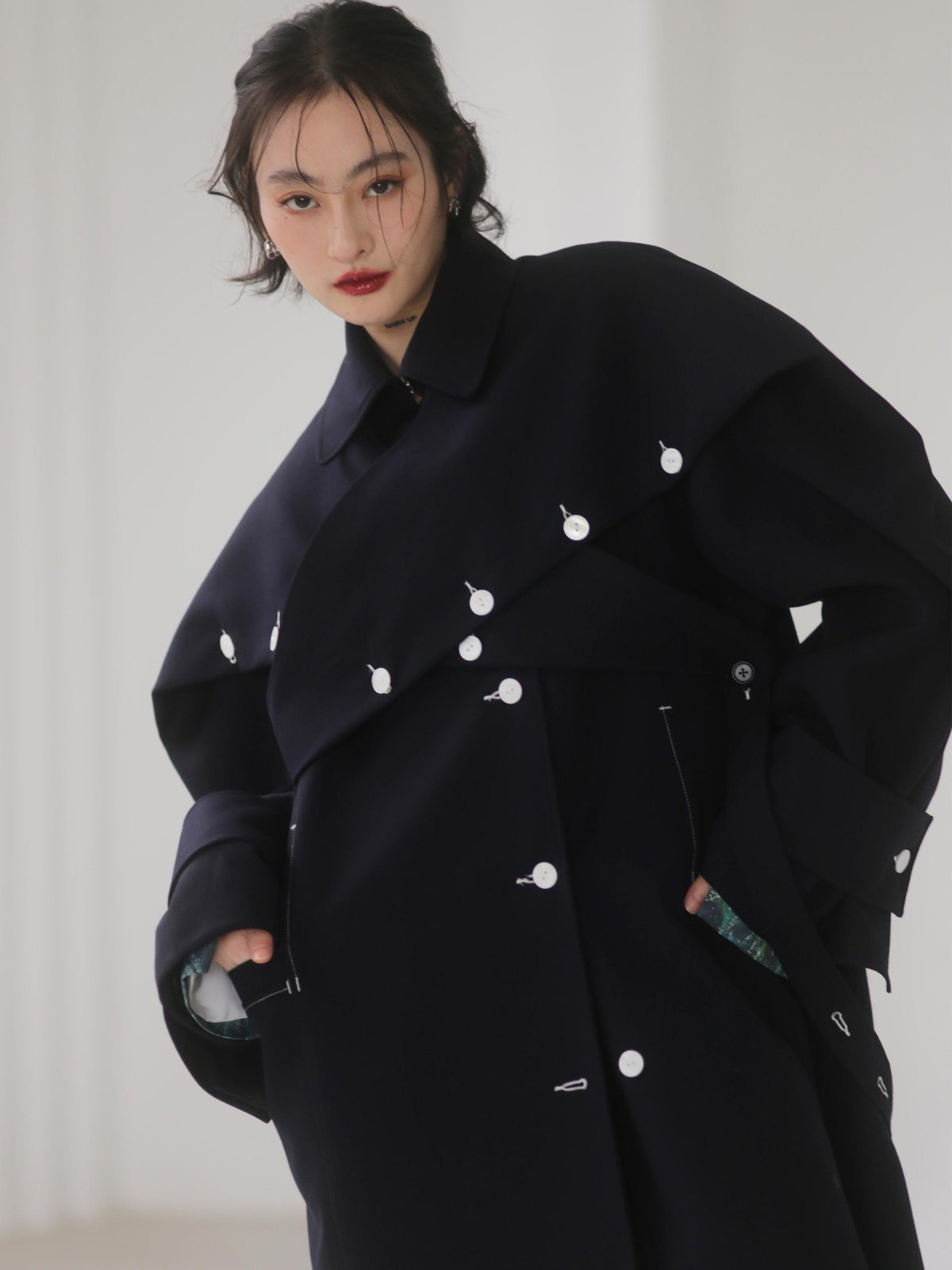Jnylon studios Rabbit Ear Convertible Color Block Quilted Women's Polyester Trench Coats