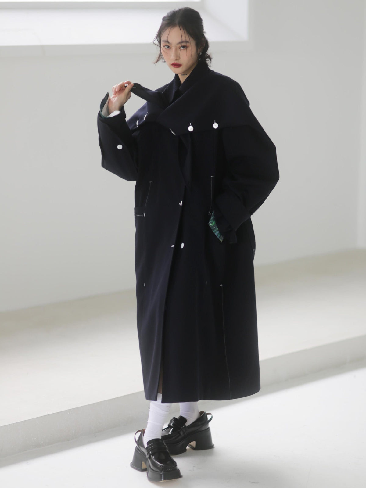 Jnylon studios Rabbit Ear Convertible Color Block Quilted Women's Polyester Trench Coats