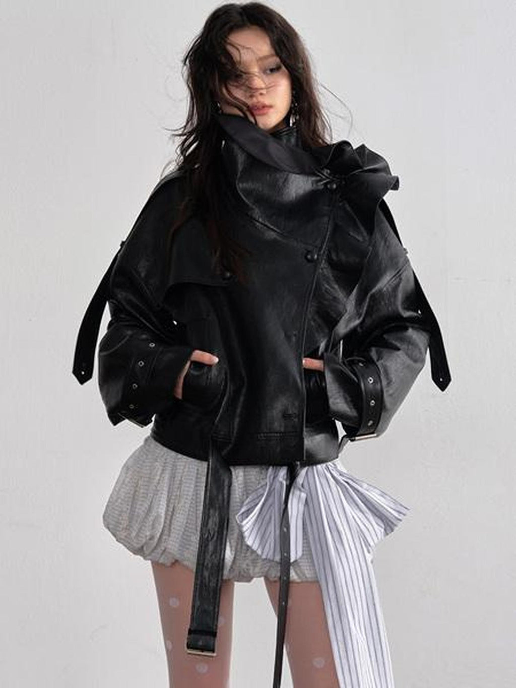 Jnylon studios Retro Black Ruffled Stand Collar Women's Pu Faux Leather Jackets