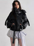 Jnylon studios Retro Black Ruffled Stand Collar Women's Pu Faux Leather Jackets