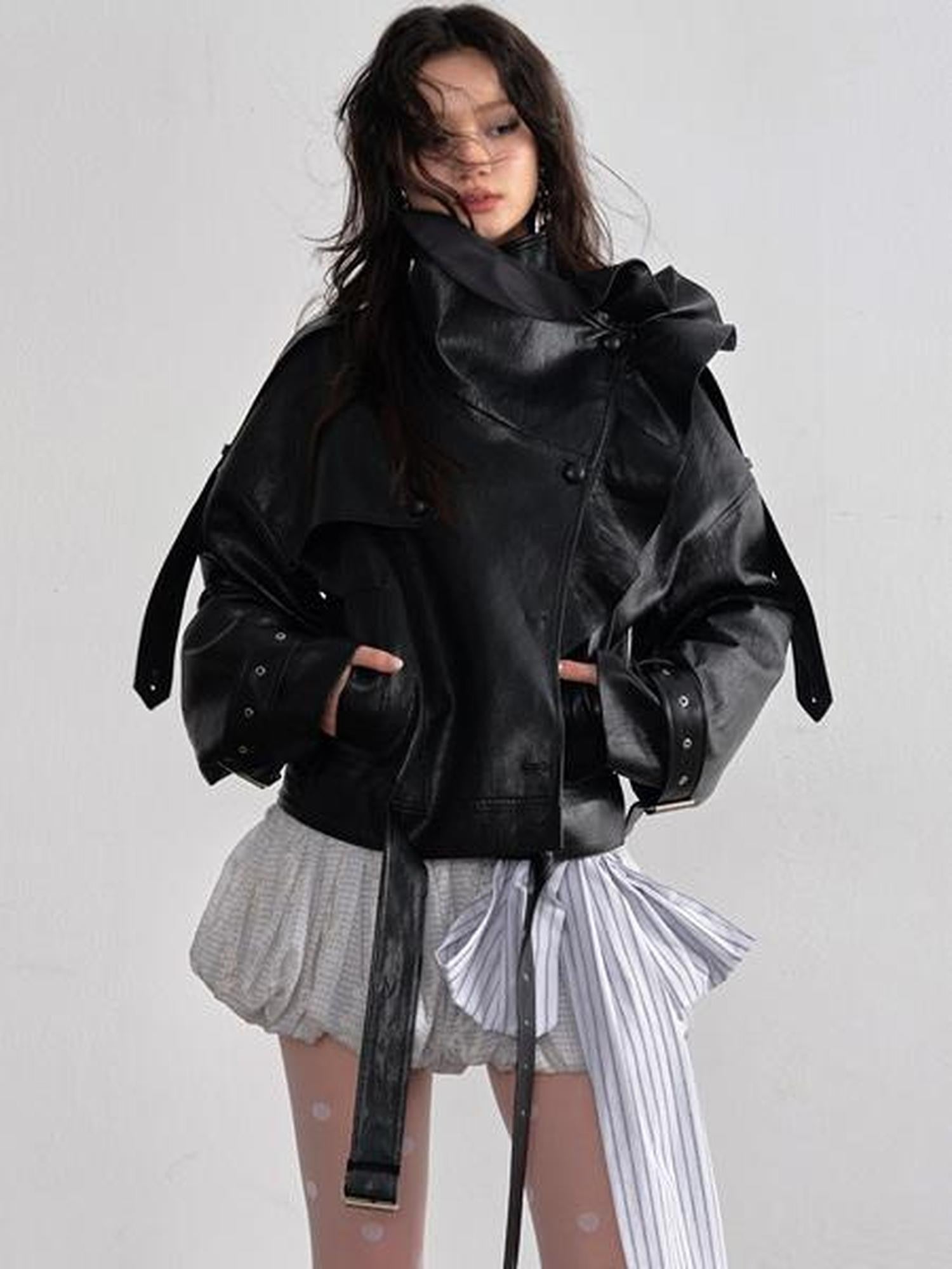 Jnylon studios Retro Black Ruffled Stand Collar Women's Pu Faux Leather Jackets
