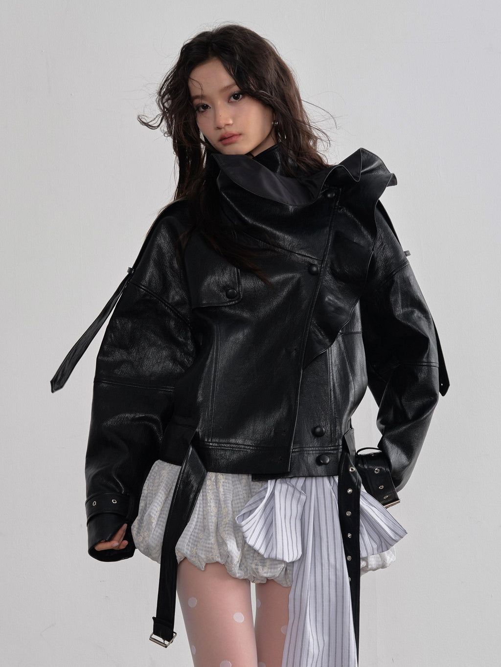 Jnylon studios Retro Black Ruffled Stand Collar Women's Pu Faux Leather Jackets
