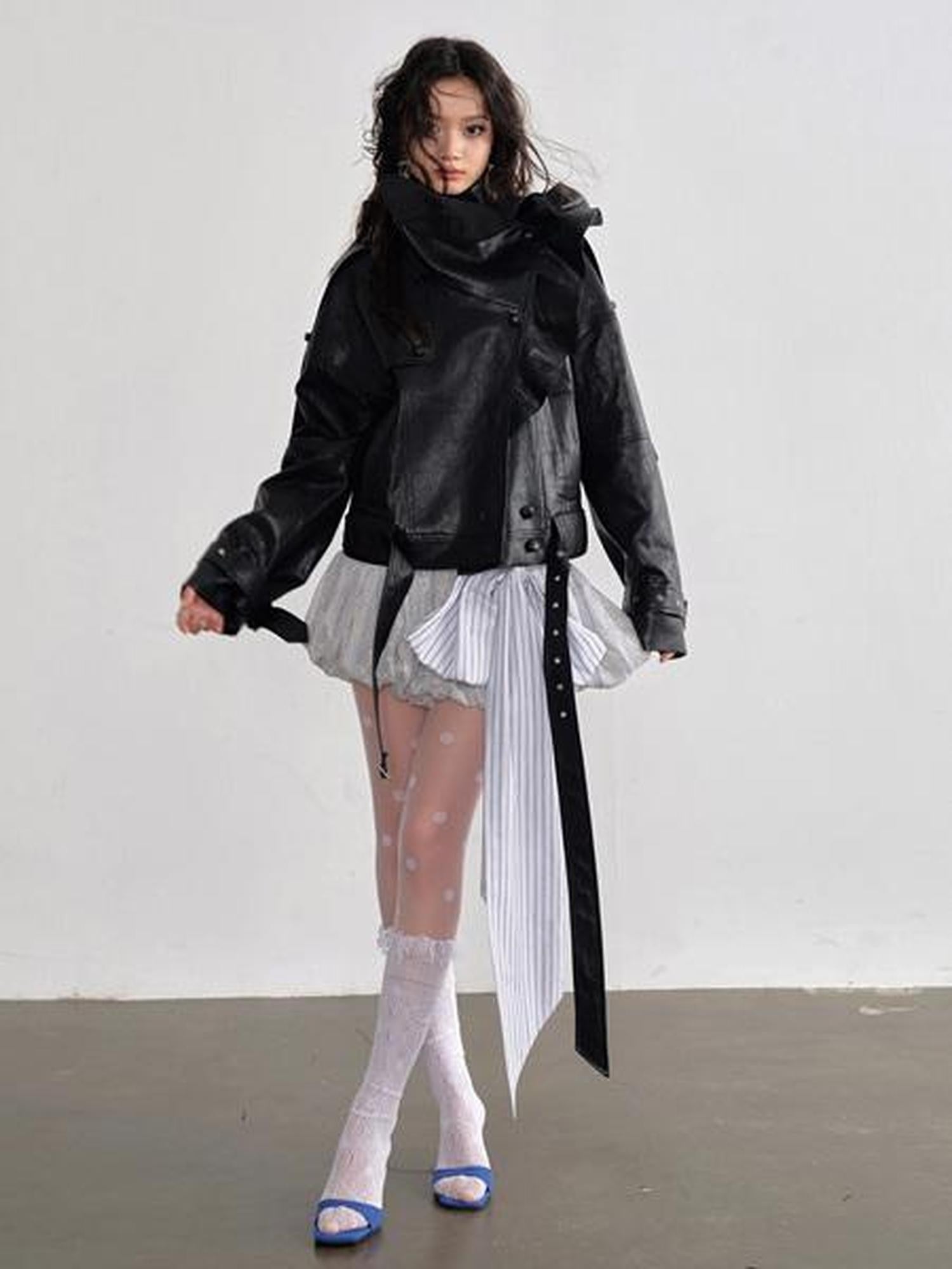 Jnylon studios Retro Black Ruffled Stand Collar Women's Pu Faux Leather Jackets