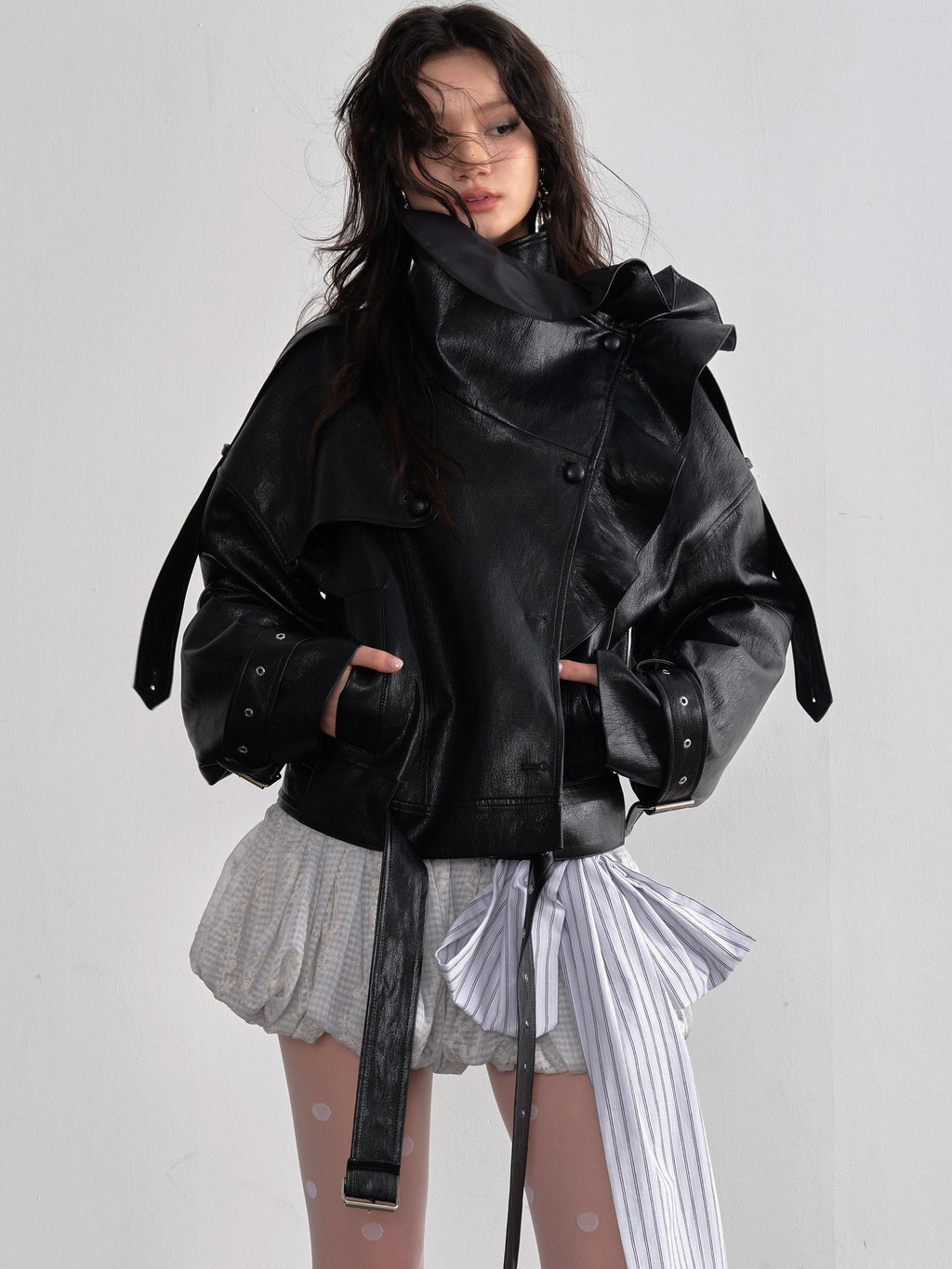 Jnylon studios Retro Black Ruffled Stand Collar Women's Pu Faux Leather Jackets