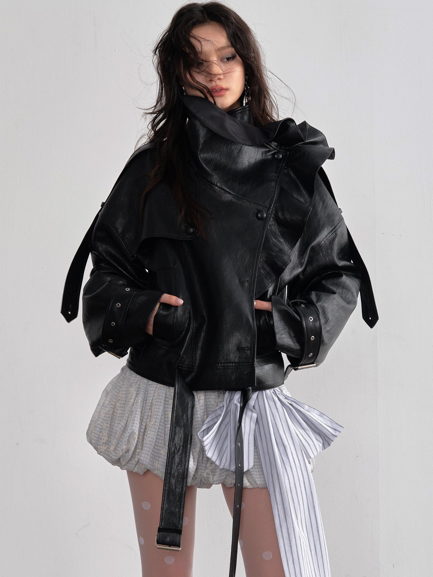 Jnylon studios Retro Black Ruffled Stand Collar Women's Pu Faux Leather Jackets