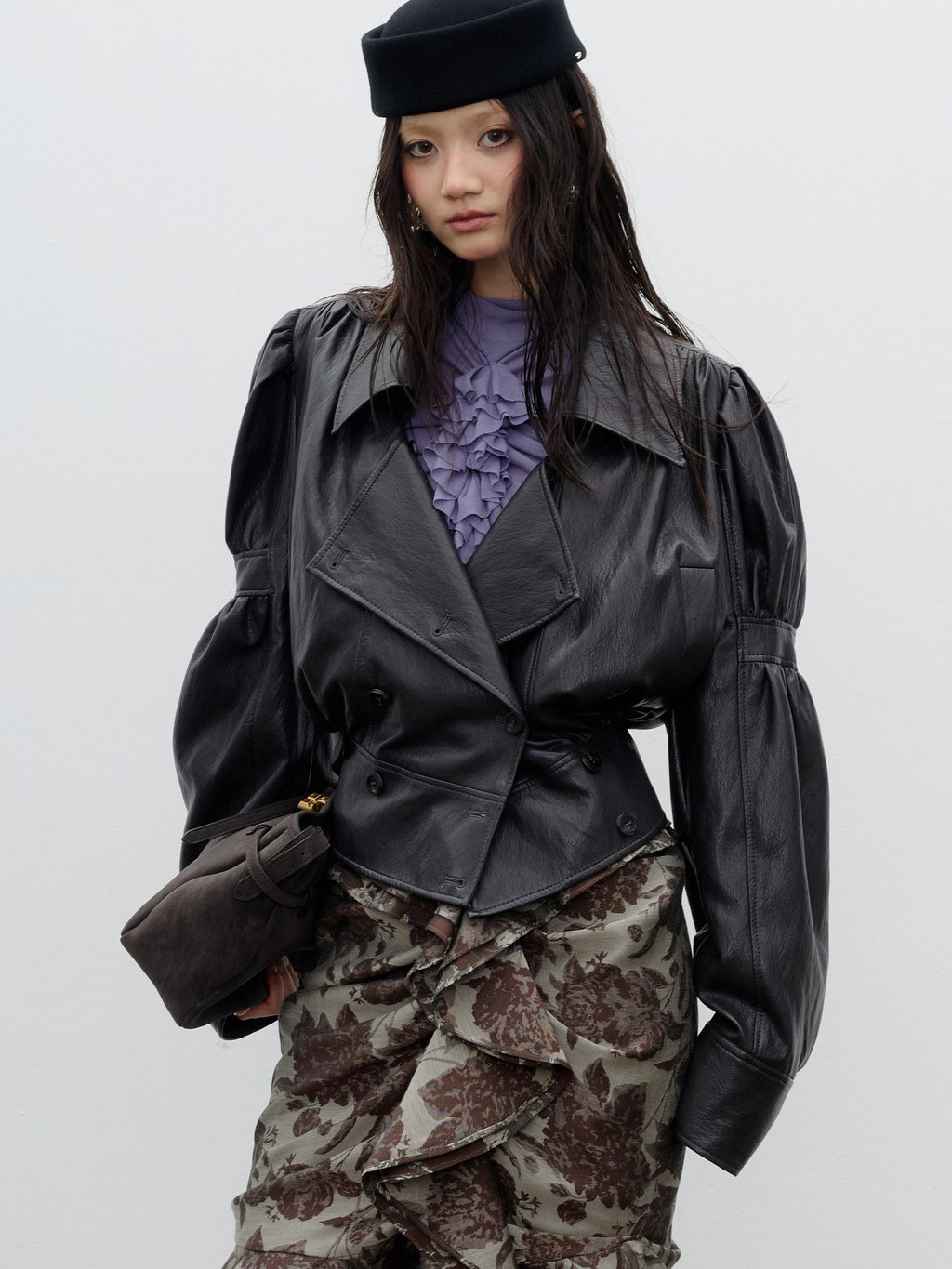 Jnylon studios Retro Puff Sleeve Ruched Cropped Pu Women's Leather Jackets