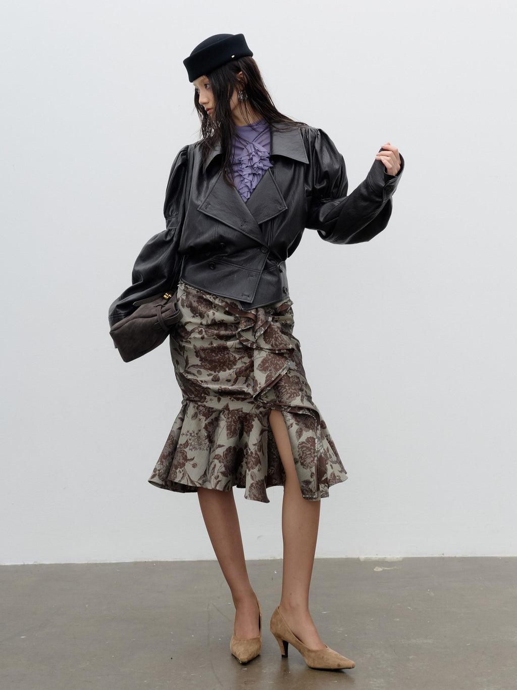 Jnylon studios Retro Puff Sleeve Ruched Cropped Pu Women's Leather Jackets