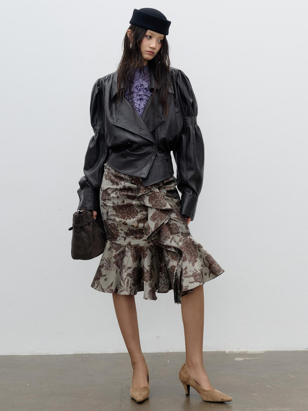 Jnylon studios Retro Puff Sleeve Ruched Cropped Pu Women's Leather Jackets