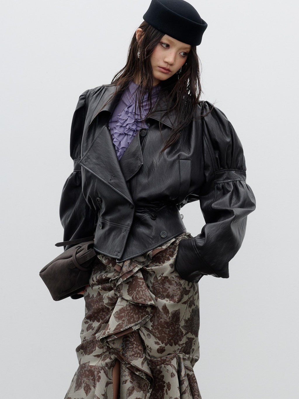 Jnylon studios Retro Puff Sleeve Ruched Cropped Pu Women's Leather Jackets