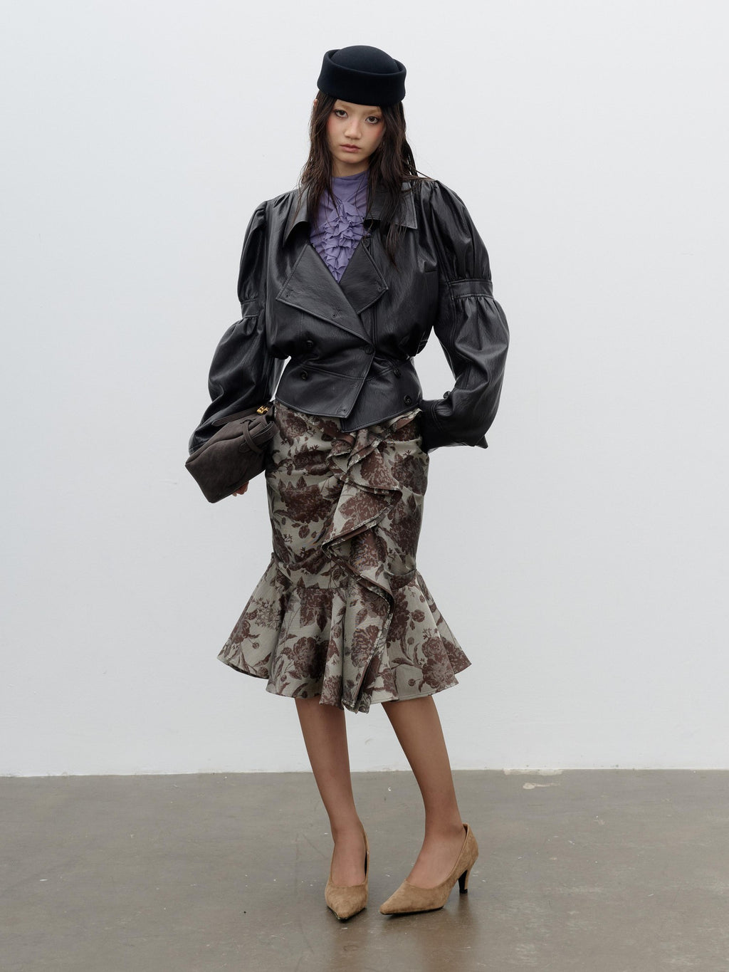 Jnylon studios Retro Puff Sleeve Ruched Cropped Pu Women's Leather Jackets