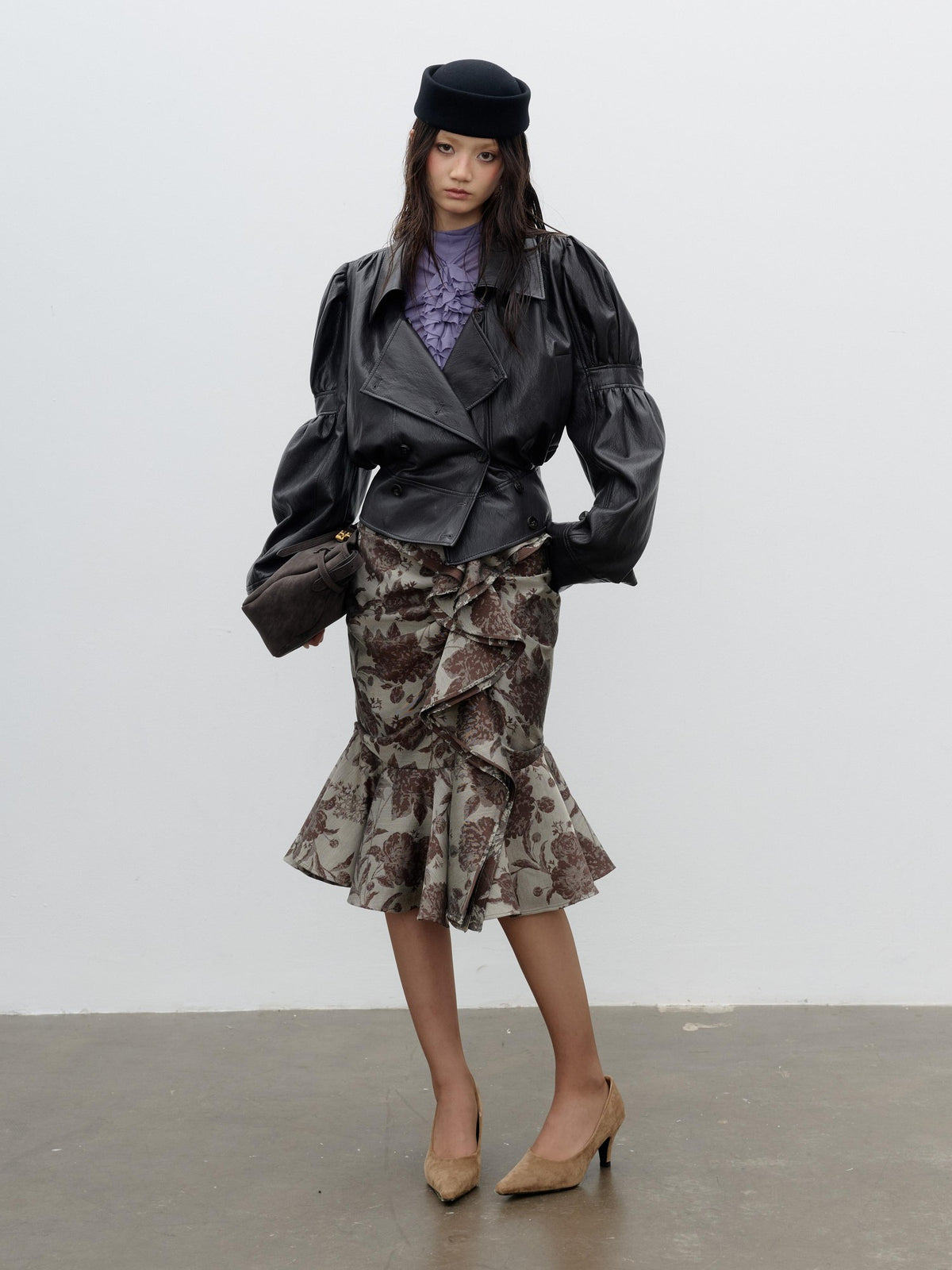 Jnylon studios Retro Puff Sleeve Ruched Cropped Pu Women's Leather Jackets