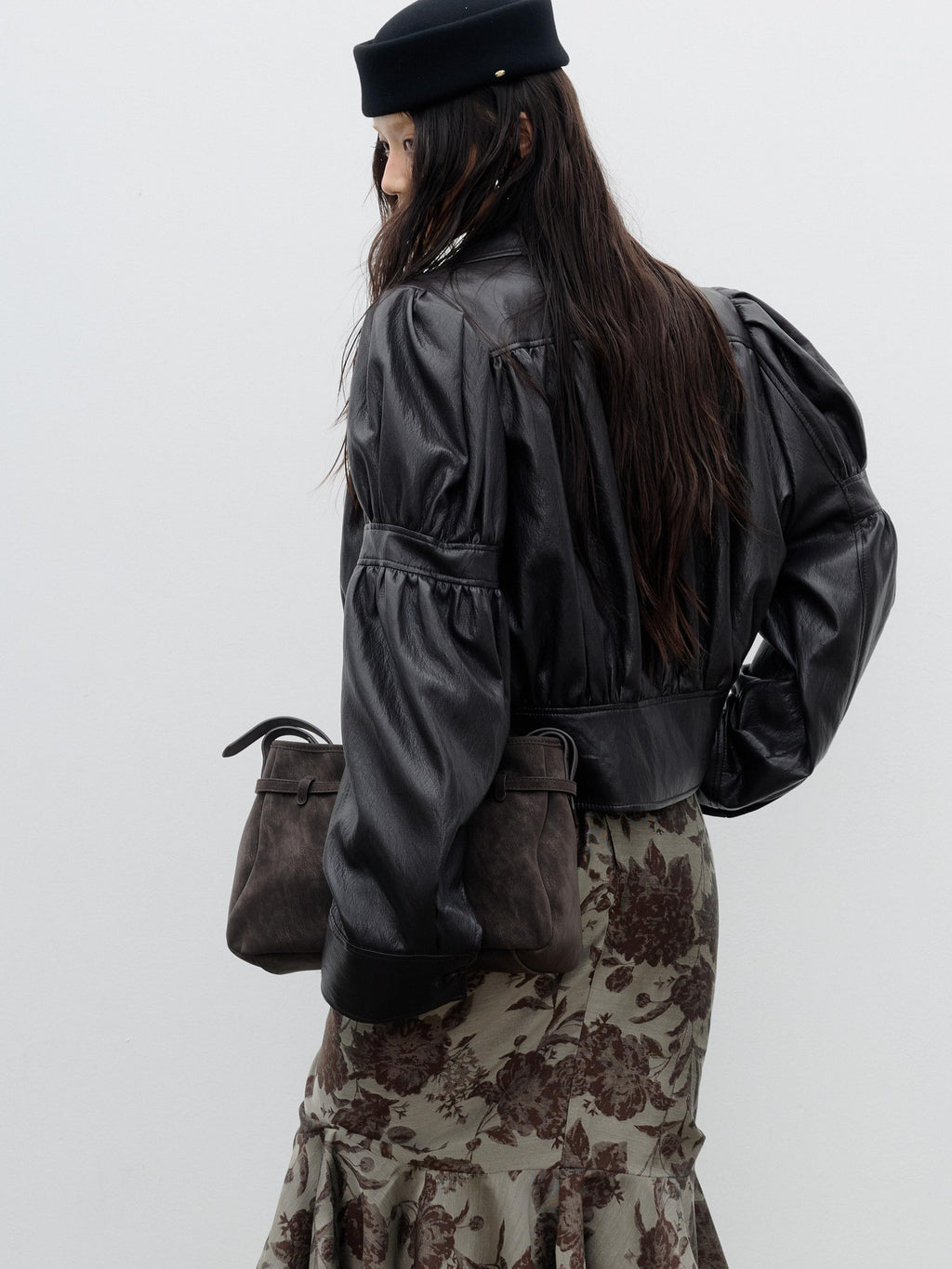Jnylon studios Retro Puff Sleeve Ruched Cropped Pu Women's Leather Jackets