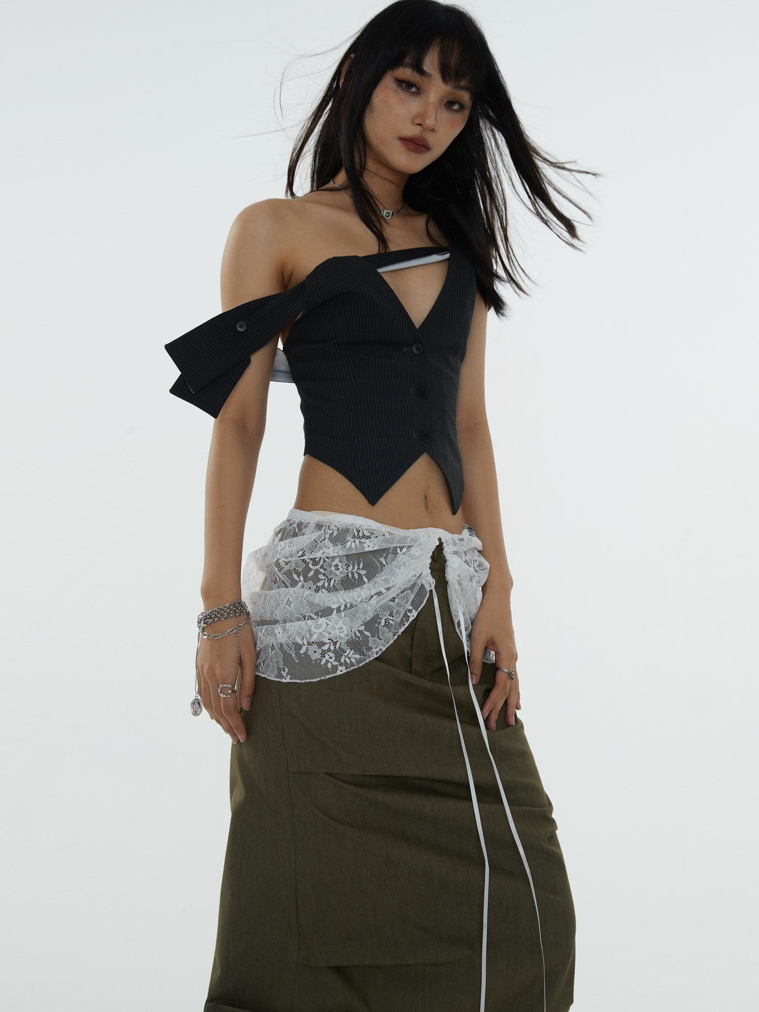 Jnylon studios Retro Stripe Asymmetrical Twist Knot Cutout Backless Tie Women's Tank Tops