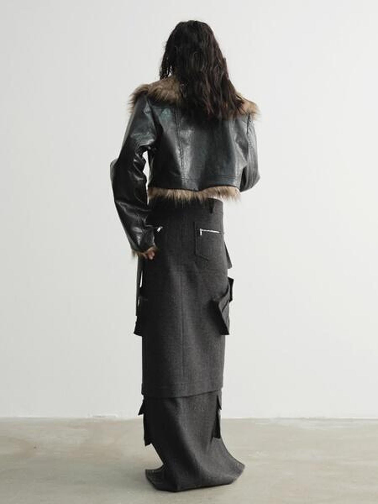 Jnylon studios Reversible Faux Fur Vintage Hooded Loose Short Women's Waxed Pu Leather Jackets