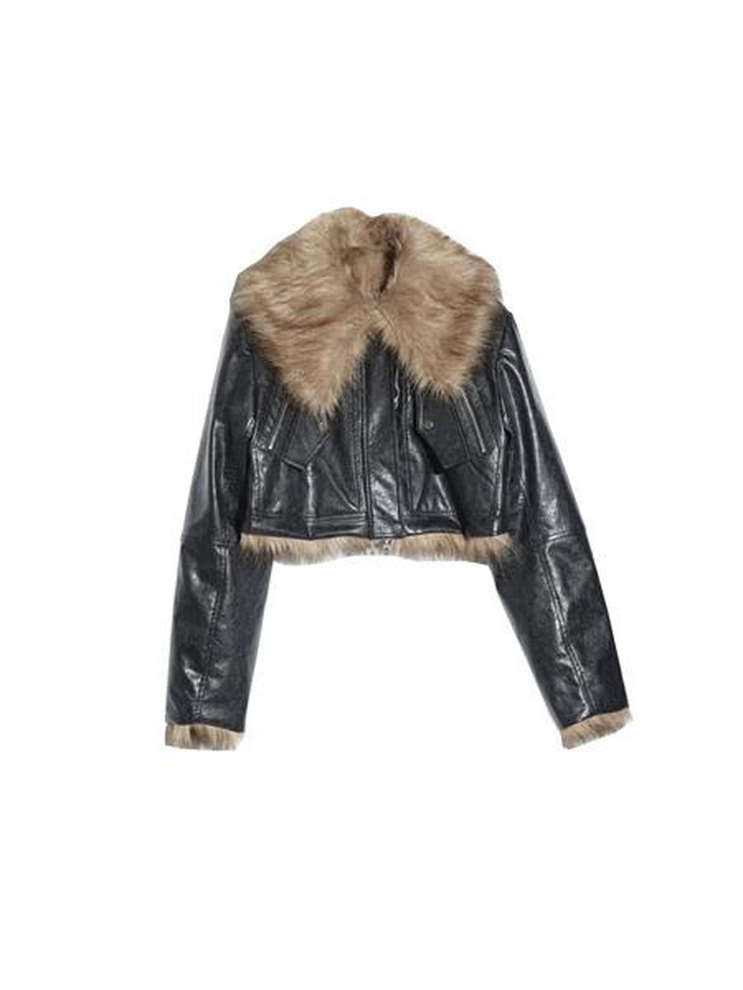 Jnylon studios Reversible Faux Fur Vintage Hooded Loose Short Women's Waxed Pu Leather Jackets