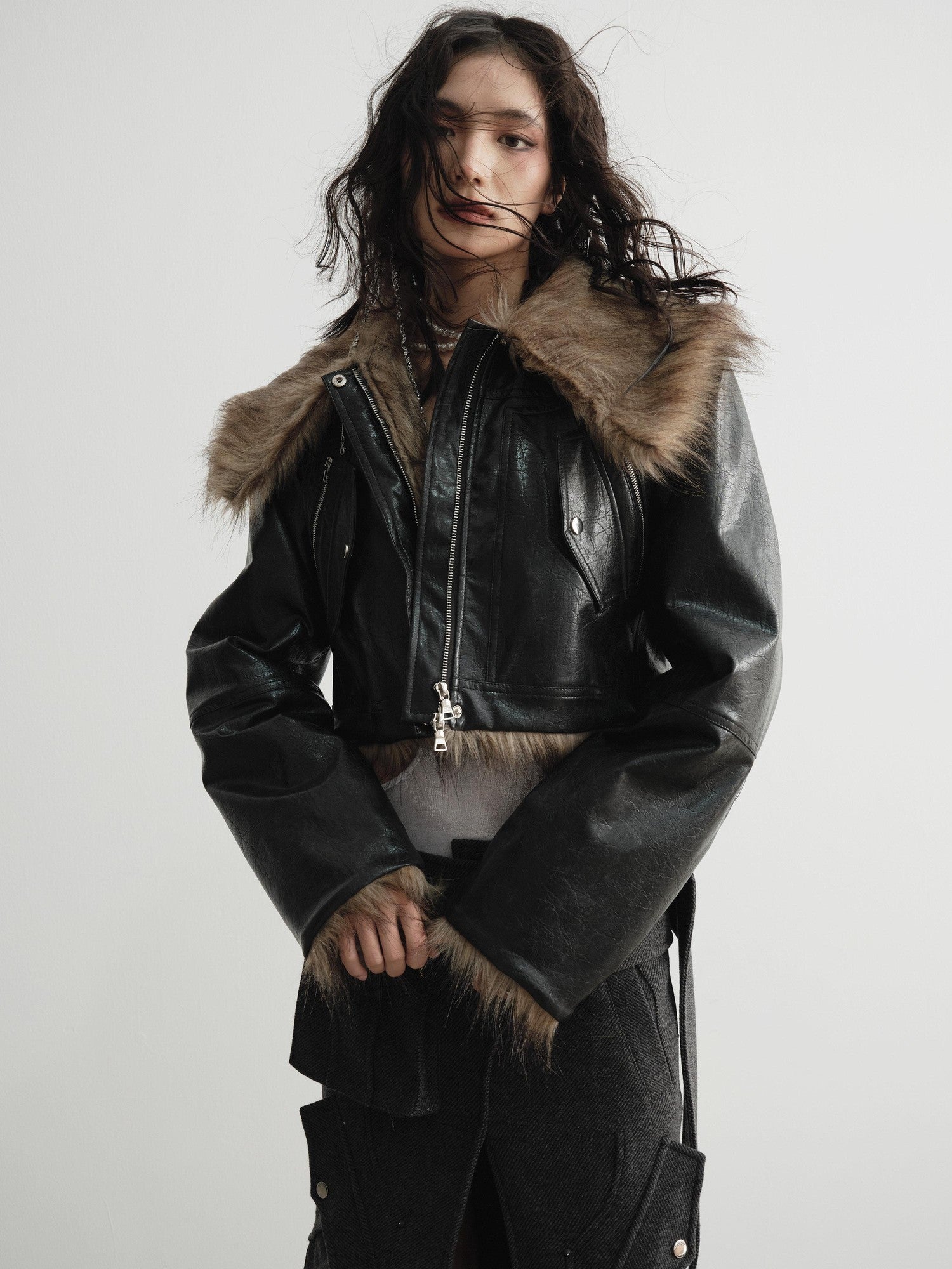 Jnylon studios Reversible Faux Fur Vintage Hooded Loose Short Women's Waxed Pu Leather Jackets