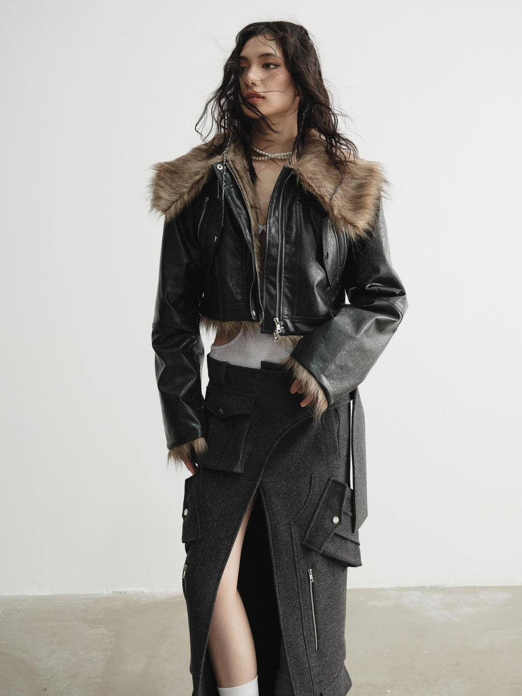 Jnylon studios Reversible Faux Fur Vintage Hooded Loose Short Women's Waxed Pu Leather Jackets
